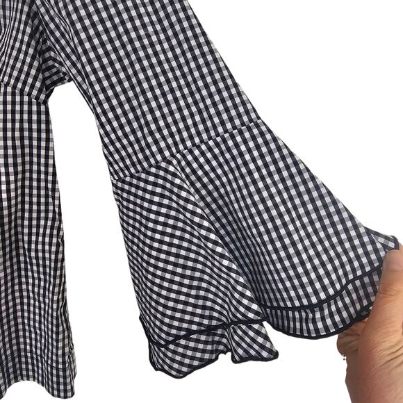 White House Black Market Blouse Gingham Blouse Bell Sleeve Blouse 6 Black White - Picture 4 of 8